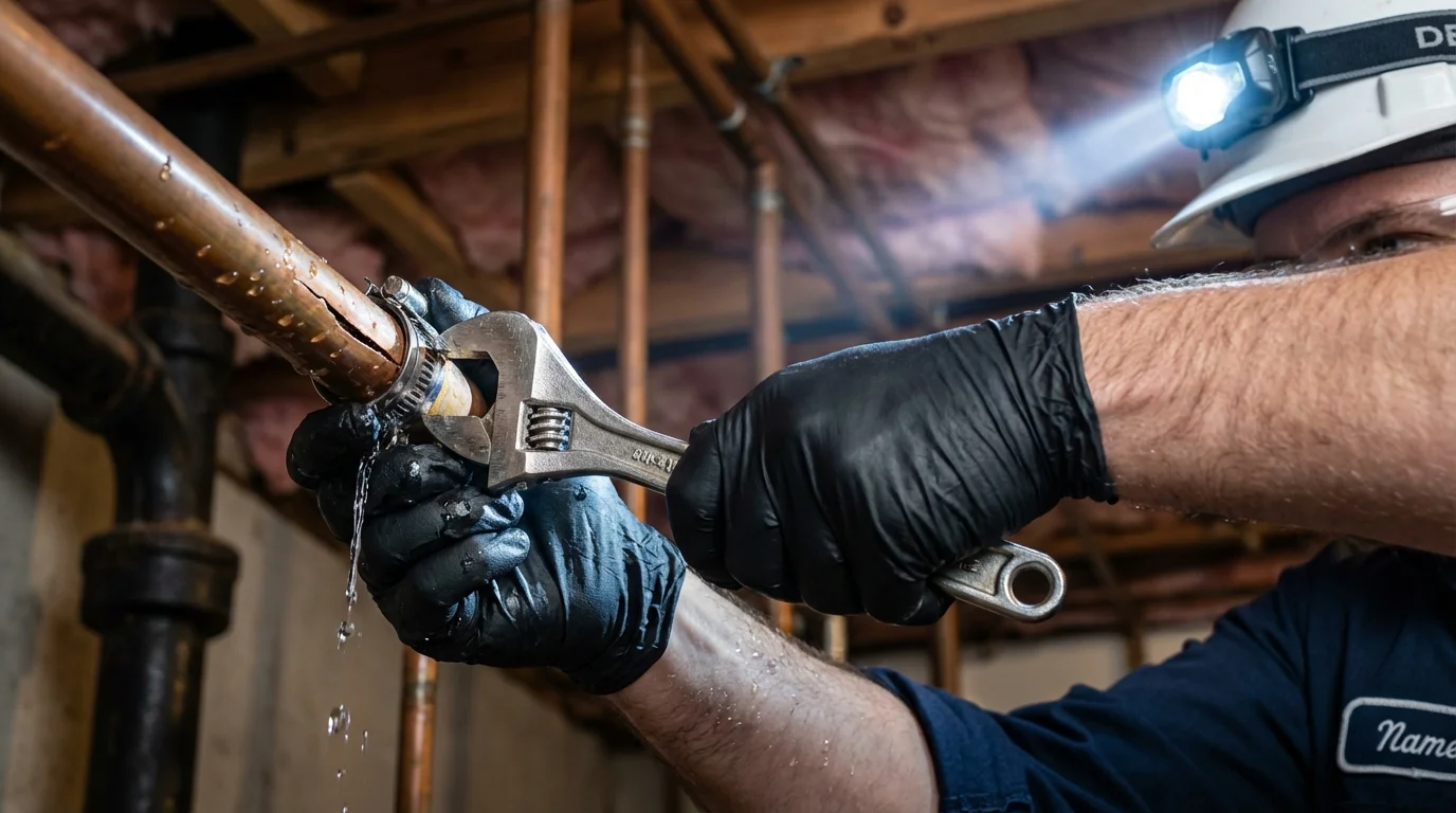 Emergency pipe clamp repair being performed by a Johns Plumbing LLC plumber in Vilonia