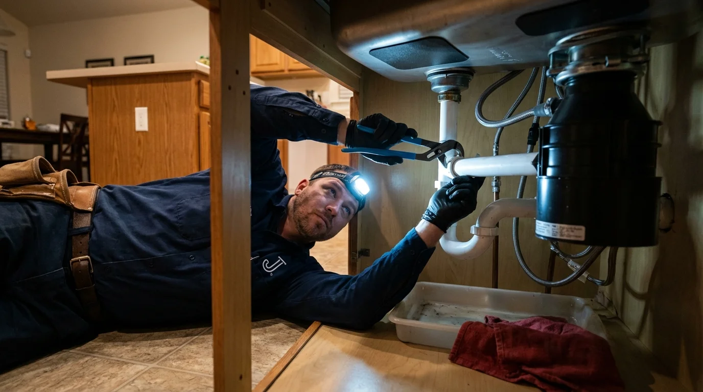P-trap and supply line connections under a kitchen sink showing a common leak point in Vilonia, AR